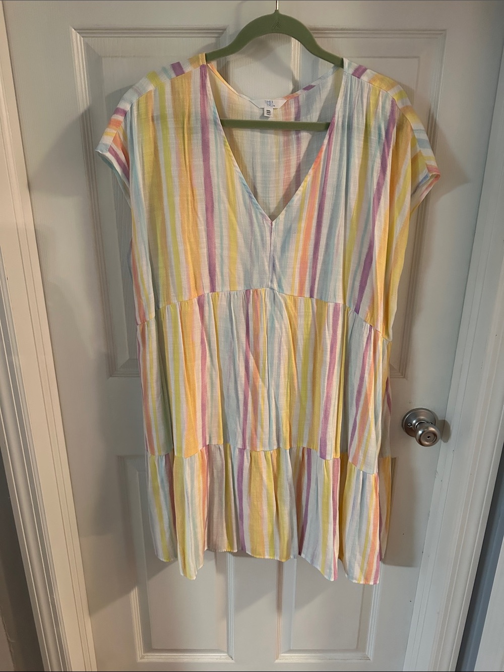 Time and Tru Multicolor Pastel Stripe Tiered V-Neck Dress